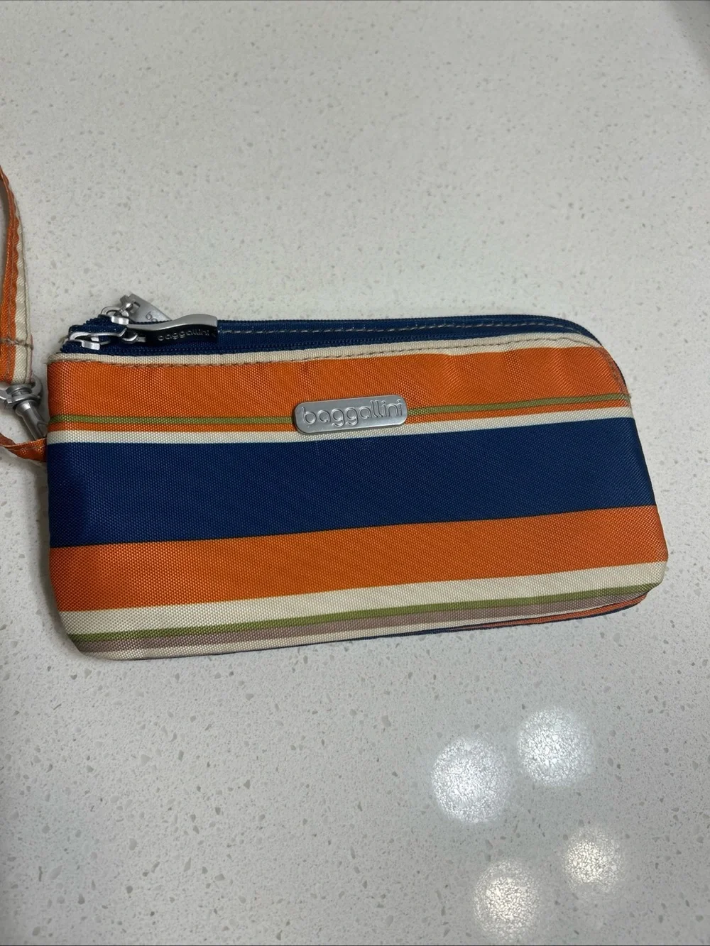 Baggallini Orange, Navy & Cream Striped Double Zip RFID Wristlet